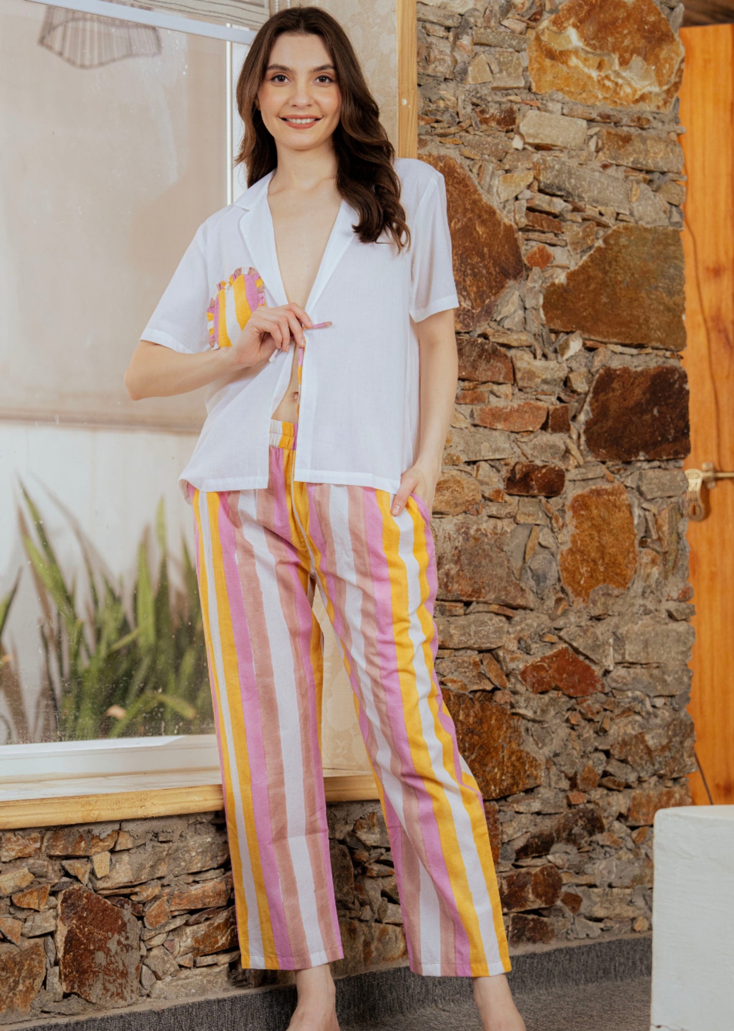 Printed  Pocket Shirt & Striped Bottom Co-ord Set