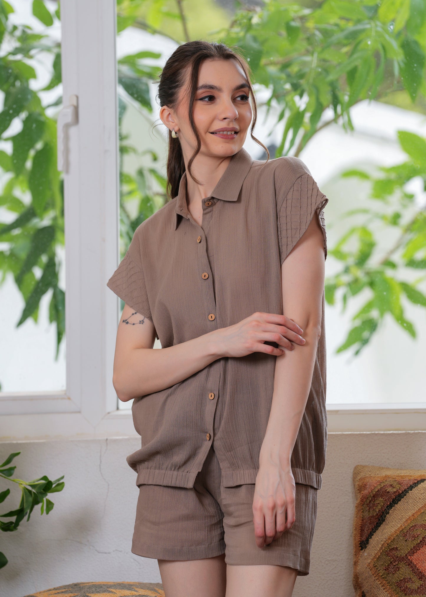 Mocha Shirt & Shorts Set with Pin-Tuck Detailing