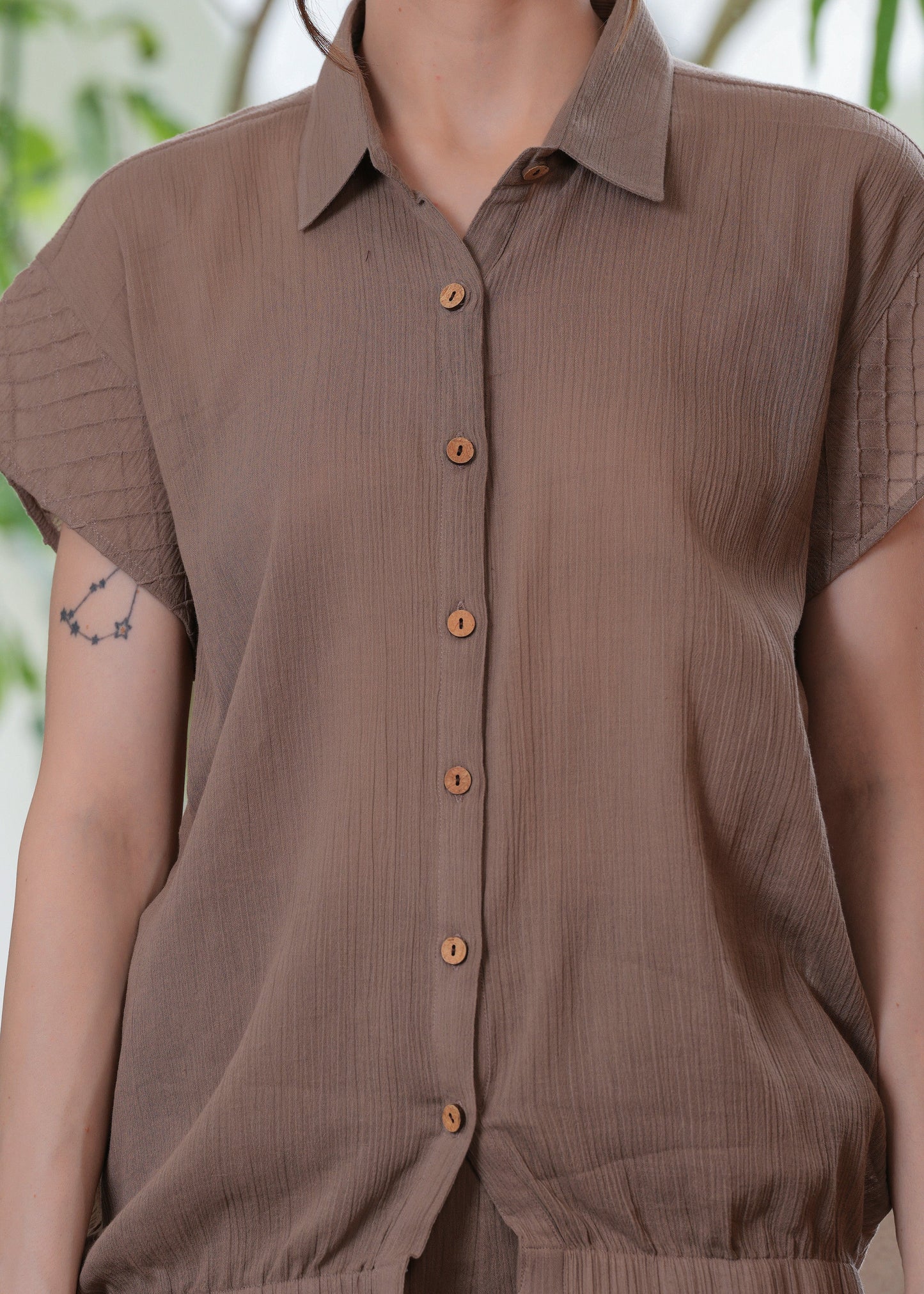 Mocha Shirt & Shorts Set with Pin-Tuck Detailing