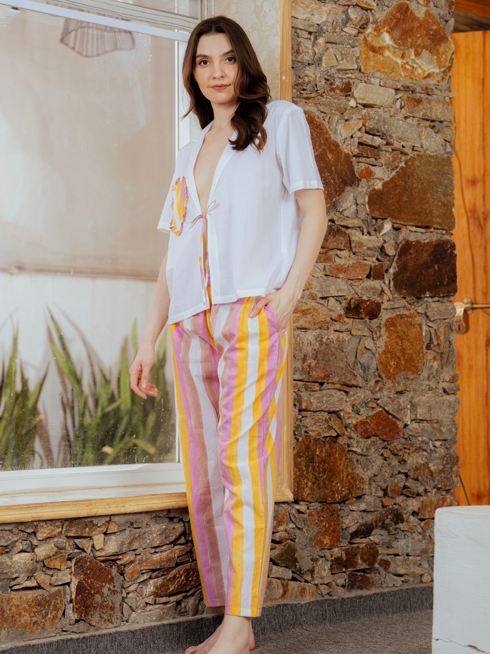 Printed  Pocket Shirt & Striped Bottom Co-ord Set