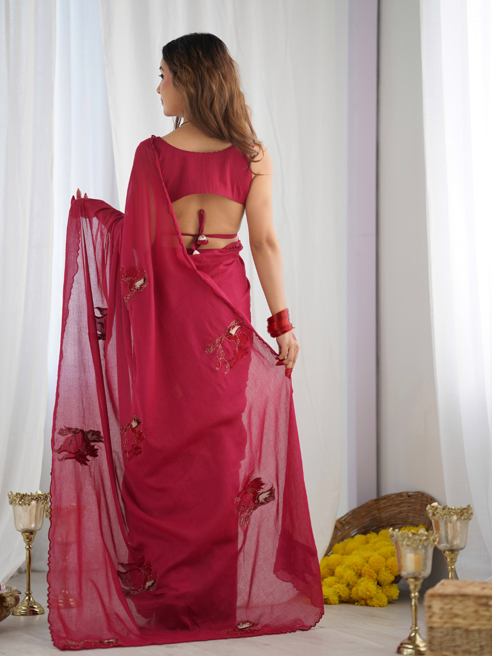 Red Embroidered Ready to Wear Saree