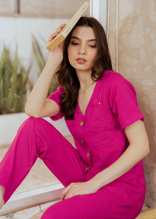 Rani Pink Rose Appliqué Shirt & Pants Set